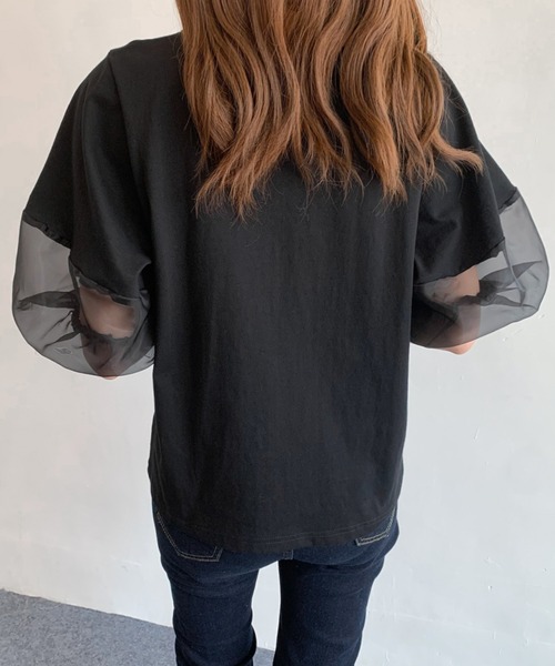 Diosfront（ディオスフロント）の「オーガンジー切替ボリューム袖カットTシャツ（Tシャツ/カットソー・レディース・ベージュ/ブラック/ホワイト/ブルーグレー/グリーン/グレー・L/M）」の11枚目の写真