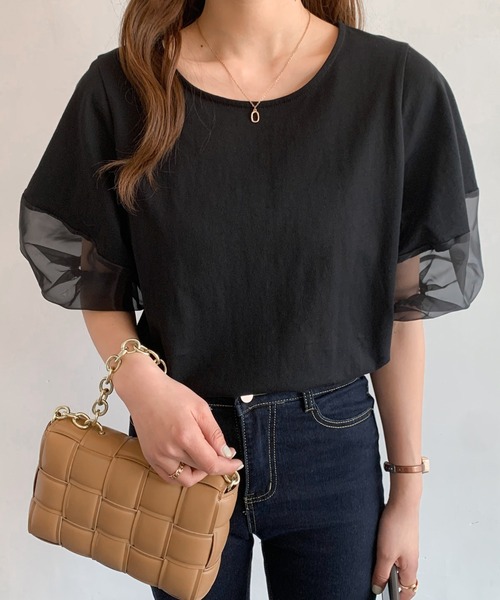 Diosfront（ディオスフロント）の「オーガンジー切替ボリューム袖カットTシャツ（Tシャツ/カットソー・レディース・ベージュ/ブラック/ホワイト/ブルーグレー/グリーン/グレー・L/M）」の13枚目の写真