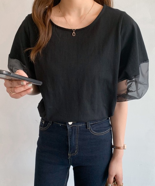 Diosfront（ディオスフロント）の「オーガンジー切替ボリューム袖カットTシャツ（Tシャツ/カットソー・レディース・ベージュ/ブラック/ホワイト/ブルーグレー/グリーン/グレー・L/M）」の14枚目の写真