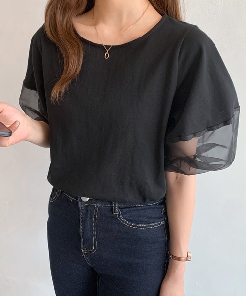 Diosfront（ディオスフロント）の「オーガンジー切替ボリューム袖カットTシャツ（Tシャツ/カットソー・レディース・ベージュ/ブラック/ホワイト/ブルーグレー/グリーン/グレー・L/M）」の15枚目の写真