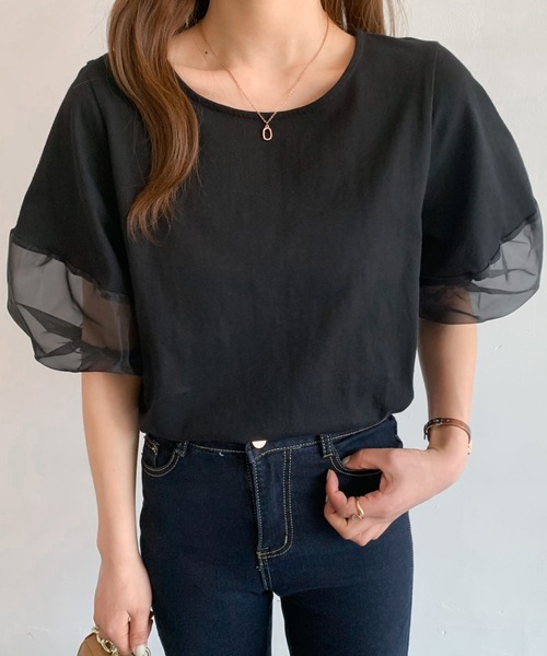 Diosfront（ディオスフロント）の「オーガンジー切替ボリューム袖カットTシャツ（Tシャツ/カットソー・レディース・ベージュ/ブラック/ホワイト/ブルーグレー/グリーン/グレー・L/M）」の10枚目の写真