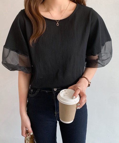 Diosfront（ディオスフロント）の「オーガンジー切替ボリューム袖カットTシャツ（Tシャツ/カットソー・レディース・ベージュ/ブラック/ホワイト/ブルーグレー/グリーン/グレー・L/M）」の16枚目の写真