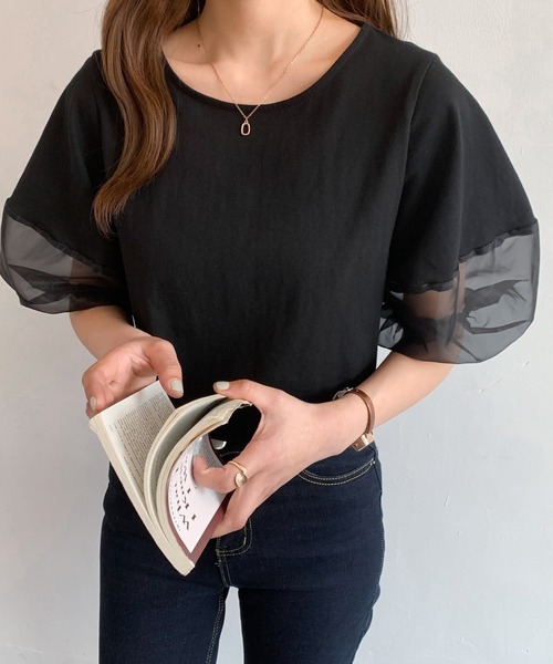 Diosfront（ディオスフロント）の「オーガンジー切替ボリューム袖カットTシャツ（Tシャツ/カットソー・レディース・ベージュ/ブラック/ホワイト/ブルーグレー/グリーン/グレー・L/M）」の8枚目の写真