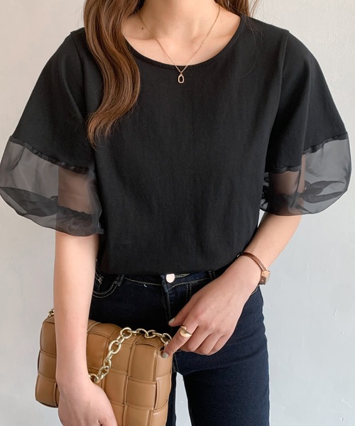 Diosfront（ディオスフロント）の「オーガンジー切替ボリューム袖カットTシャツ（Tシャツ/カットソー・レディース・ベージュ/ブラック/ホワイト/ブルーグレー/グリーン/グレー・L/M）」の20枚目の写真