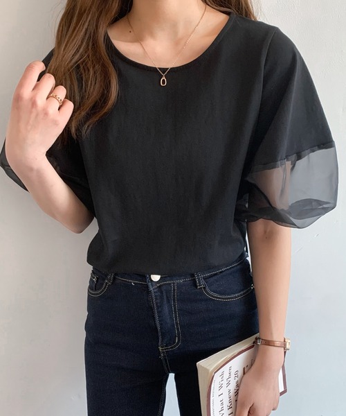 Diosfront（ディオスフロント）の「オーガンジー切替ボリューム袖カットTシャツ（Tシャツ/カットソー・レディース・ベージュ/ブラック/ホワイト/ブルーグレー/グリーン/グレー・L/M）」の21枚目の写真