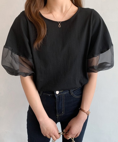 Diosfront（ディオスフロント）の「オーガンジー切替ボリューム袖カットTシャツ（Tシャツ/カットソー・レディース・ベージュ/ブラック/ホワイト/ブルーグレー/グリーン/グレー・L/M）」の17枚目の写真