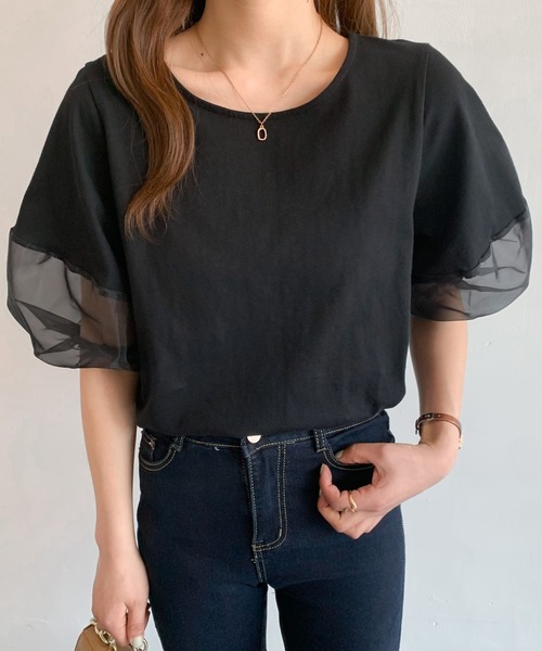 Diosfront（ディオスフロント）の「オーガンジー切替ボリューム袖カットTシャツ（Tシャツ/カットソー・レディース・ベージュ/ブラック/ホワイト/ブルーグレー/グリーン/グレー・L/M）」の18枚目の写真