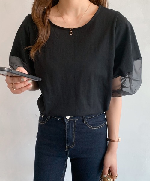 Diosfront（ディオスフロント）の「オーガンジー切替ボリューム袖カットTシャツ（Tシャツ/カットソー・レディース・ベージュ/ブラック/ホワイト/ブルーグレー/グリーン/グレー・L/M）」の19枚目の写真