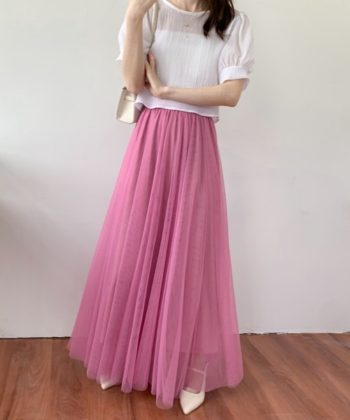 Diosfront(ディオスフロント)の「チュールエアリーボリュームロングスカート(スカート・レディース・パープル/ブラック/ベージュ/ピンク/ブルー・L/M)」の6枚目の写真
