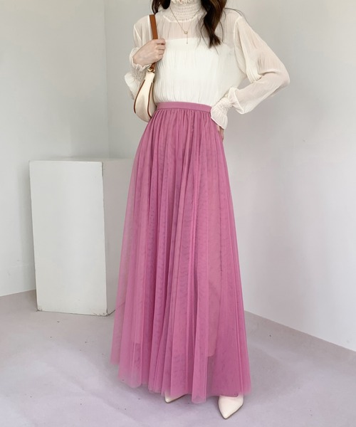 Diosfront(ディオスフロント)の「チュールエアリーボリュームロングスカート(スカート・レディース・パープル/ブラック/ベージュ/ピンク/ブルー・L/M)」の13枚目の写真