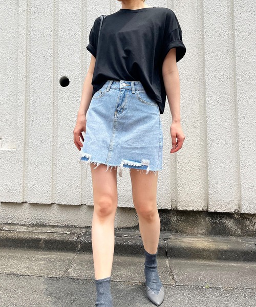 Jewelobe（ジュエローブ）の「ダメージヘムデニムミニスカート（デニム