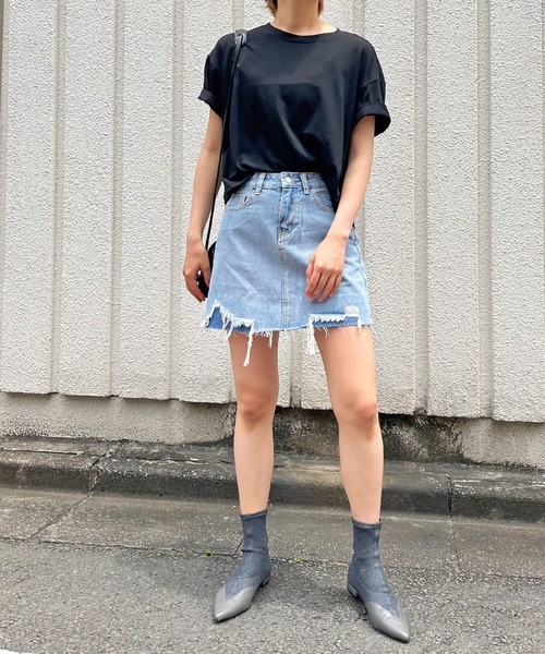 セール】ダメージヘムデニムミニスカート（デニムスカート