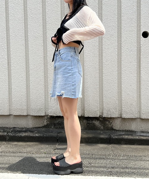 セール】ダメージヘムデニムミニスカート（デニムスカート