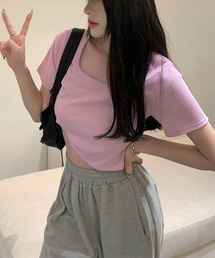 【KOREA SELECT】ショート丈 ラウンドネック 半袖 Tシャツ