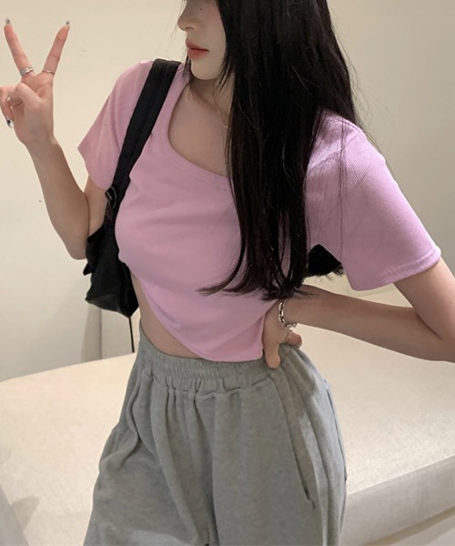 VIBGYOR Women(ヴィブジョー ウィメン)の「【KOREA SELECT】ショート丈 ラウンドネック 半袖 Tシャツ(Tシャツ/カットソー・レディース・ホワイト/ライトブルー/ブラック/パープル/グレー/ピンク/ブルー・SMALL/MEDIUM/LARGE)」の7枚目の写真