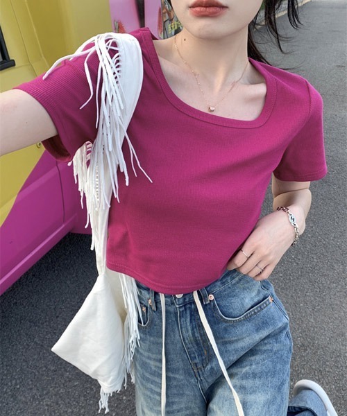 VIBGYOR Women(ヴィブジョー ウィメン)の「【KOREA SELECT】ショート丈 ラウンドネック 半袖 Tシャツ(Tシャツ/カットソー・レディース・ホワイト/ライトブルー/ブラック/パープル/グレー/ピンク/ブルー・SMALL/MEDIUM/LARGE)」の19枚目の写真
