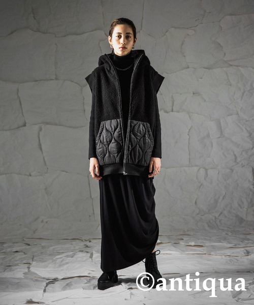 antiqua（アンティカ）の「異素材MIXボアベスト（ベスト・レディース・ブラック/カーキ・FREE）」の4枚目の写真