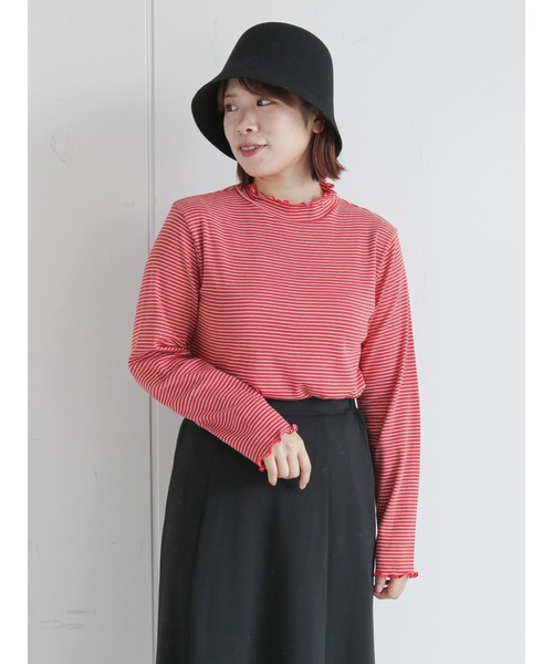 ehka sopo(エヘカソポ)の「細ボーダーハイネックカットソー(Tシャツ/カットソー・レディース・オフホワイト/オレンジ/グリーン・フリ-)」の3枚目の写真