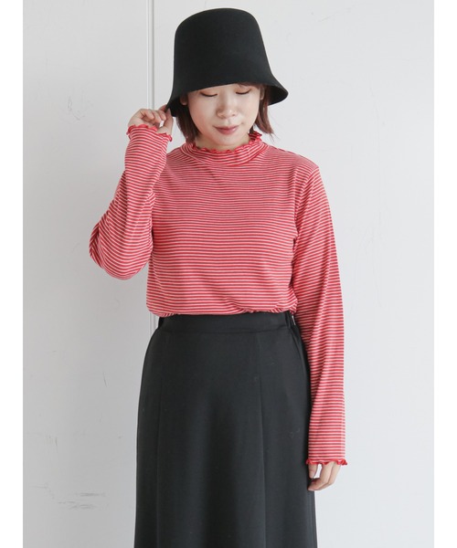 ehka sopo(エヘカソポ)の「細ボーダーハイネックカットソー(Tシャツ/カットソー・レディース・オフホワイト/オレンジ/グリーン・フリ-)」の9枚目の写真