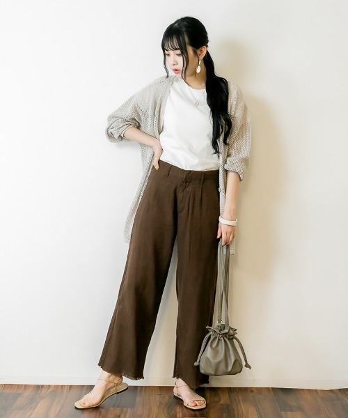 atONE(アットワン)の「atONE リネン裾フリンジワイドパンツ(その他パンツ・レディース・ネイビー/ブラウン/ベージュ・LL/L/3L/4L/M)」の7枚目の写真