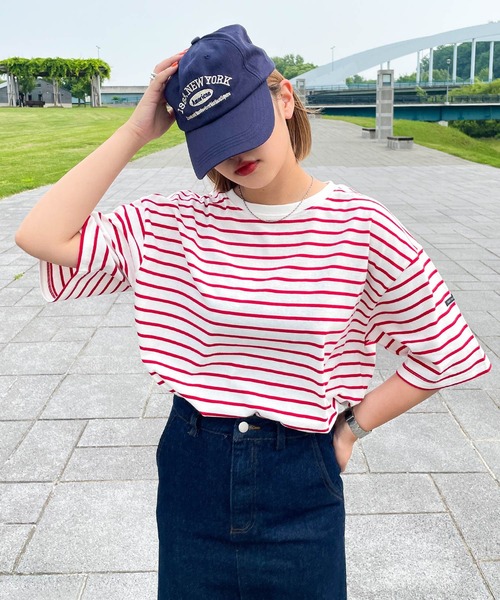 Chillfar（チルファー）の「ネームタグアソートパネルボーダーTシャツ（Tシャツ/カットソー・レディース・ホワイト×レッド/ホワイト系1/ピンク/ブラック系/ホワイト×ブラック/ホワイト系/ホワイト系4/ホワイト系5/ホワイト系2/ネイビー系1/ホワイト系3/ブラック×ホワイト/ホワイト×ブルー/ネイビー系/クリーム/グリーン系/ホワイト×ネイビー・FREE）」の7枚目の写真