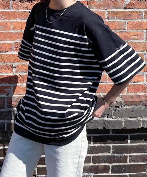 Chillfar（チルファー）の「ネームタグアソートパネルボーダーTシャツ（Tシャツ/カットソー・レディース・ホワイト×レッド/ホワイト系1/ピンク/ブラック系/ホワイト×ブラック/ホワイト系/ホワイト系4/ホワイト系5/ホワイト系2/ネイビー系1/ホワイト系3/ブラック×ホワイト/ホワイト×ブルー/ネイビー系/クリーム/グリーン系/ホワイト×ネイビー・FREE）」の12枚目の写真