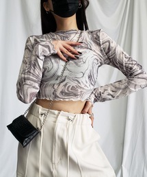 ※※【 ５color 】総柄マーブルシアーメローショートトップス／ marble sheer mellow  short tops