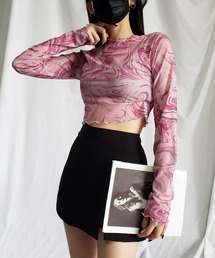 me+em select | ※【 ５color 】総柄マーブルシアーメローショートトップス／ marble sheer mellow  short tops(Tシャツ/カットソー)