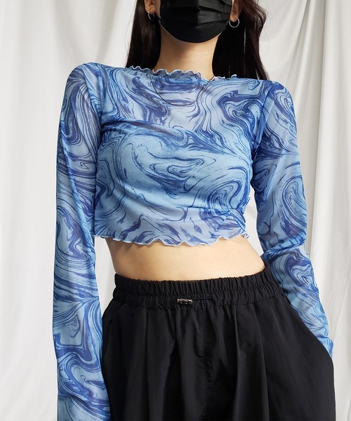 me+em select(ミームセレクト)の「※※【 5color 】総柄マーブルシアーメローショートトップス/ marble sheer mellow short tops(Tシャツ/カットソー・レディース・ミント/グレー/ピンク/ブラック/ブルー・MEDIUM)」の4枚目の写真