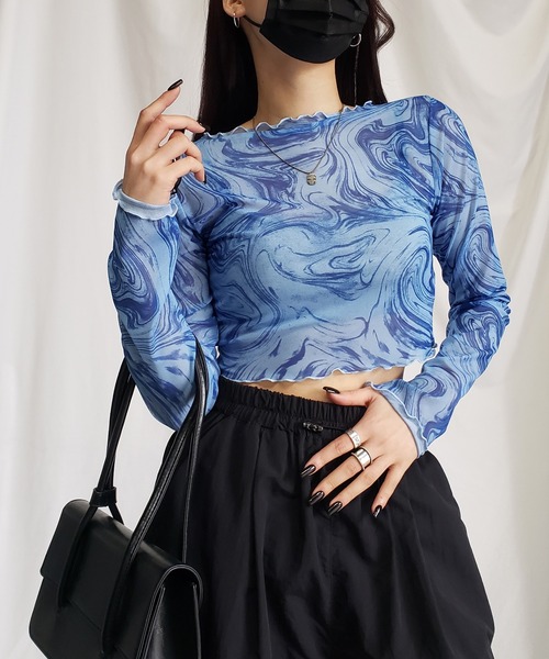 me+em select(ミームセレクト)の「※※【 5color 】総柄マーブルシアーメローショートトップス/ marble sheer mellow short tops(Tシャツ/カットソー・レディース・ミント/グレー/ピンク/ブラック/ブルー・MEDIUM)」の6枚目の写真