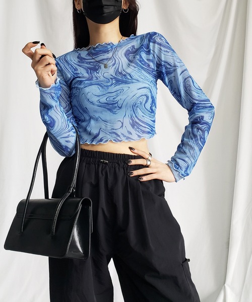 me+em select(ミームセレクト)の「※※【 5color 】総柄マーブルシアーメローショートトップス/ marble sheer mellow short tops(Tシャツ/カットソー・レディース・ミント/グレー/ピンク/ブラック/ブルー・MEDIUM)」の7枚目の写真