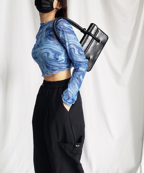me+em select(ミームセレクト)の「※※【 5color 】総柄マーブルシアーメローショートトップス/ marble sheer mellow short tops(Tシャツ/カットソー・レディース・ミント/グレー/ピンク/ブラック/ブルー・MEDIUM)」の8枚目の写真