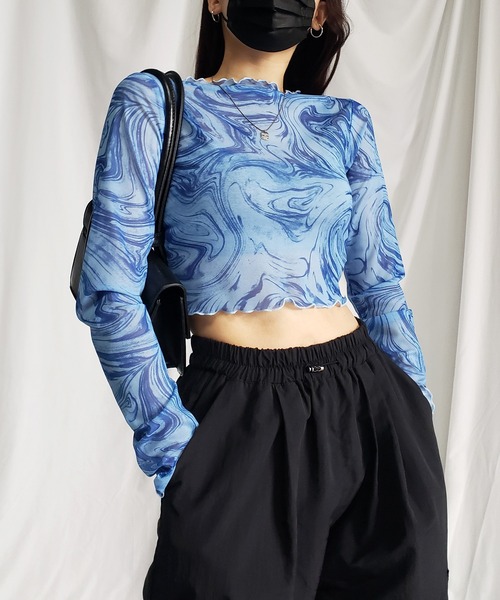 me+em select(ミームセレクト)の「※※【 5color 】総柄マーブルシアーメローショートトップス/ marble sheer mellow short tops(Tシャツ/カットソー・レディース・ミント/グレー/ピンク/ブラック/ブルー・MEDIUM)」の9枚目の写真