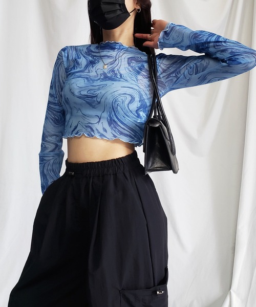 me+em select(ミームセレクト)の「※※【 5color 】総柄マーブルシアーメローショートトップス/ marble sheer mellow short tops(Tシャツ/カットソー・レディース・ミント/グレー/ピンク/ブラック/ブルー・MEDIUM)」の10枚目の写真