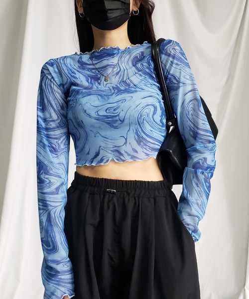 me+em select(ミームセレクト)の「※※【 5color 】総柄マーブルシアーメローショートトップス/ marble sheer mellow short tops(Tシャツ/カットソー・レディース・ミント/グレー/ピンク/ブラック/ブルー・MEDIUM)」の11枚目の写真