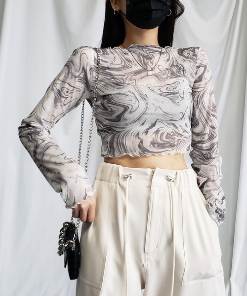 me+em select(ミームセレクト)の「※※【 5color 】総柄マーブルシアーメローショートトップス/ marble sheer mellow short tops(Tシャツ/カットソー・レディース・ミント/グレー/ピンク/ブラック/ブルー・MEDIUM)」の18枚目の写真