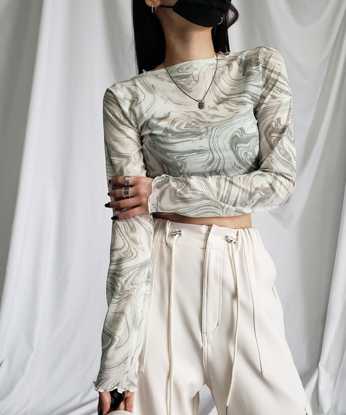 me+em select(ミームセレクト)の「※※【 5color 】総柄マーブルシアーメローショートトップス/ marble sheer mellow short tops(Tシャツ/カットソー・レディース・ミント/グレー/ピンク/ブラック/ブルー・MEDIUM)」の12枚目の写真