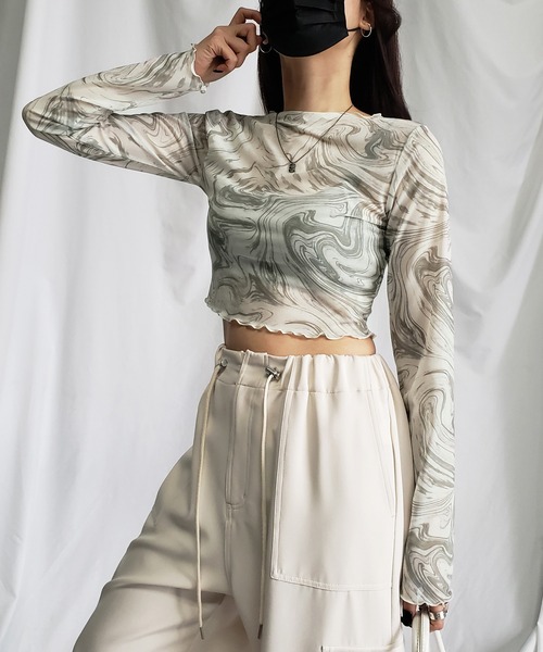 me+em select(ミームセレクト)の「※※【 5color 】総柄マーブルシアーメローショートトップス/ marble sheer mellow short tops(Tシャツ/カットソー・レディース・ミント/グレー/ピンク/ブラック/ブルー・MEDIUM)」の13枚目の写真