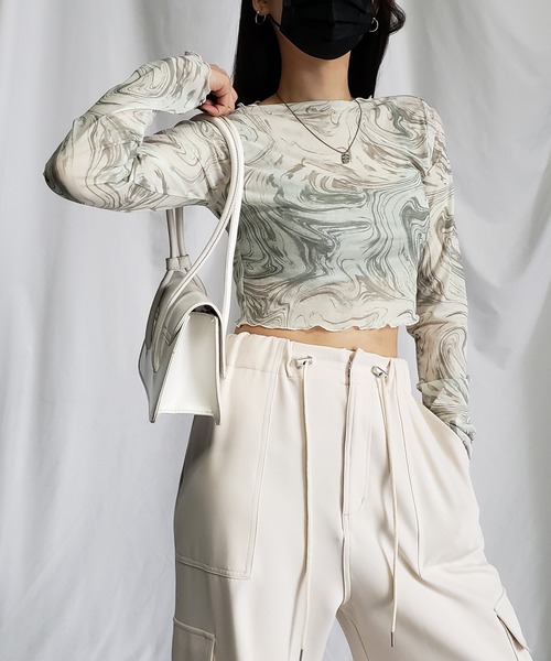 me+em select(ミームセレクト)の「※※【 5color 】総柄マーブルシアーメローショートトップス/ marble sheer mellow short tops(Tシャツ/カットソー・レディース・ミント/グレー/ピンク/ブラック/ブルー・MEDIUM)」の14枚目の写真