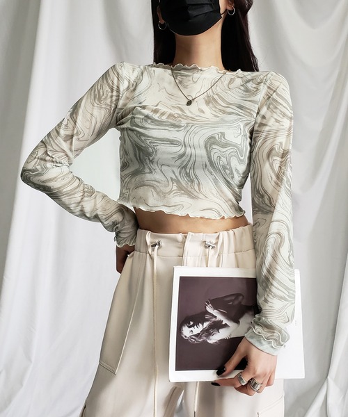 me+em select(ミームセレクト)の「※※【 5color 】総柄マーブルシアーメローショートトップス/ marble sheer mellow short tops(Tシャツ/カットソー・レディース・ミント/グレー/ピンク/ブラック/ブルー・MEDIUM)」の16枚目の写真
