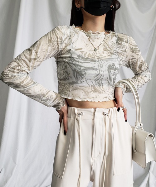 me+em select(ミームセレクト)の「※※【 5color 】総柄マーブルシアーメローショートトップス/ marble sheer mellow short tops(Tシャツ/カットソー・レディース・ミント/グレー/ピンク/ブラック/ブルー・MEDIUM)」の17枚目の写真