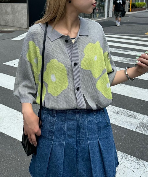 CIAOPANIC（チャオパニック）の「フラワージャガードサマーニットポロカーディガン（カーディガン/ボレロ・レディース・アイボリー/ネイビー/オレンジ/ミント/グレー・MEDIUM/LARGE）」の3枚目の写真