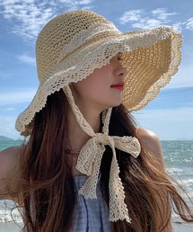 shopnikoniko | 紐付き 麦わら帽子 リボン つば広(ハット)