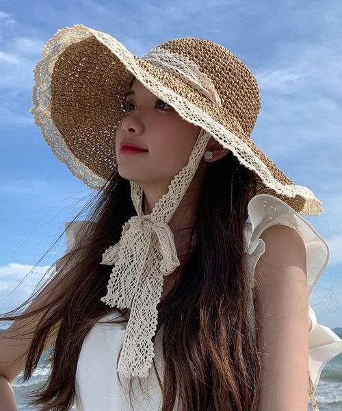 shopnikoniko（ショップニコニコ）の「紐付き 麦わら帽子 リボン つば広（ハット・レディース・ベージュ/アイボリー・フリー）」の3枚目の写真