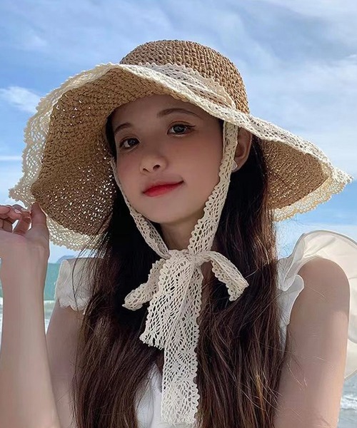 shopnikoniko（ショップニコニコ）の「紐付き 麦わら帽子 リボン つば広（ハット・レディース・ベージュ/アイボリー・フリー）」の5枚目の写真