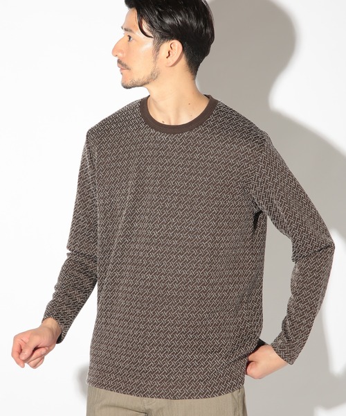 UNION STATION（ユニオンステーション）の「ジオメトリックジャガードクルーネックロンT（Tシャツ/カットソー・メンズ・ホワイト/ブラック/ブラウン・LL/M/L/S）」の3枚目の写真