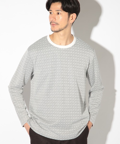 UNION STATION（ユニオンステーション）の「ジオメトリックジャガードクルーネックロンT（Tシャツ/カットソー・メンズ・ホワイト/ブラック/ブラウン・LL/M/L/S）」の6枚目の写真