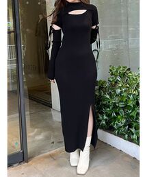 フロントオープンアームリボンリブニットワンピース