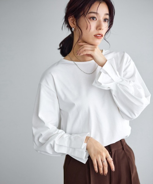 Pierrot(ピエロ)の「【イージーケア】キャンディスリーブTシャツ(Tシャツ/カットソー・レディース・ベージュ/ブラック/オフホワイト/グレー・S/M/L)」の11枚目の写真