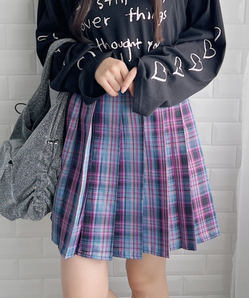 √nuage(ルートニュアージュ)の「チェックプリーツミニスカパン(スカート・レディース・ライトブルー/パープル/ピンク/グリーン・M)」の3枚目の写真